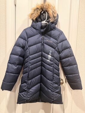 Marmot Navy Down Puffer Coat with Faux Fur Hood Trim